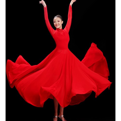 Women red black white chinese Classical folk dance costumes elegant opening dance big swing skirt solo dance modern dance qipao dresses for female